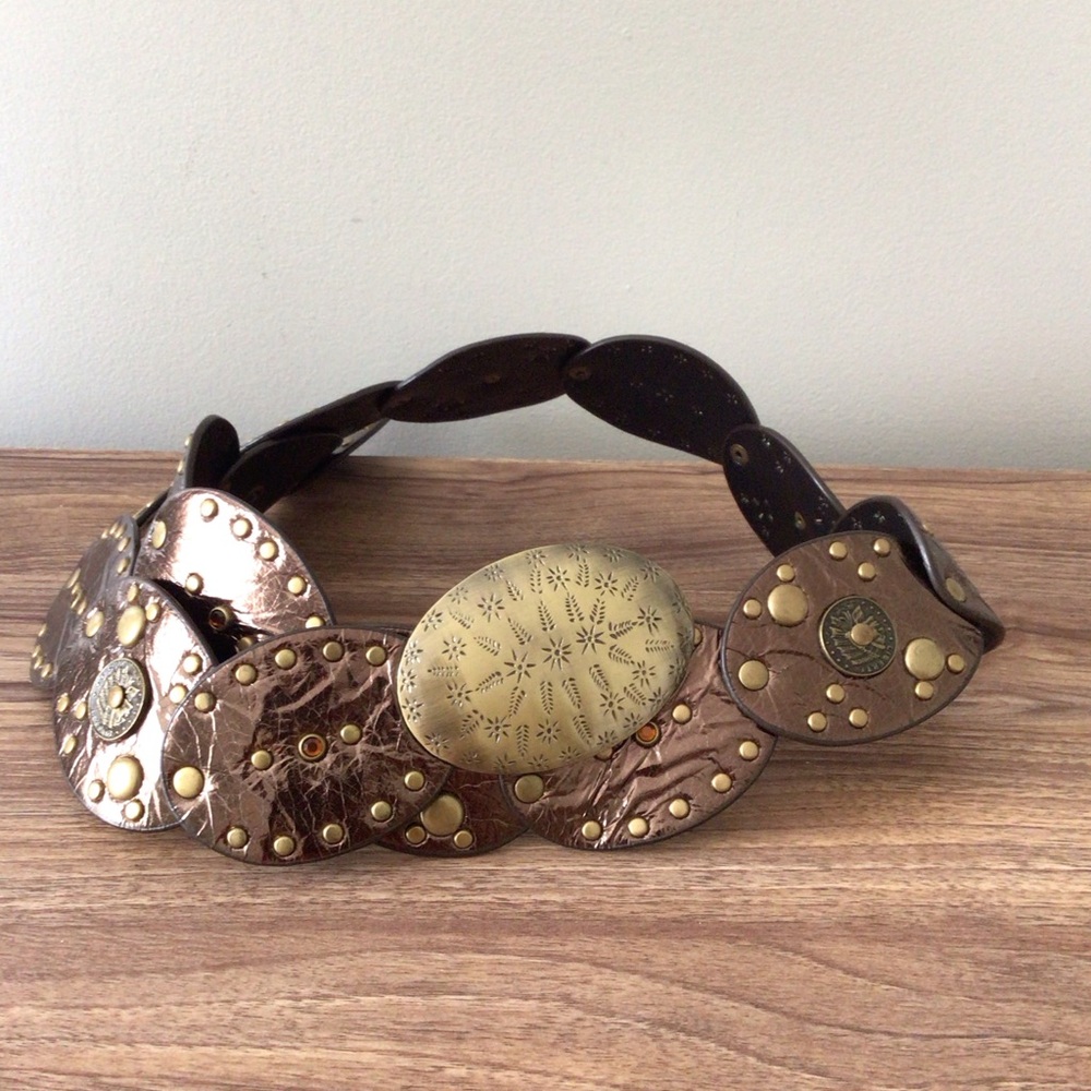 Y2K Vintage Brown Boho Belt Medallions Studded Belt Western Festival 70s Large
